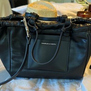 Charles & Keith Black Ruched Leather Shoulder Bag
